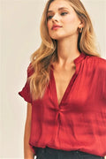 Reverof Deep Red Satin V Neck Blouse