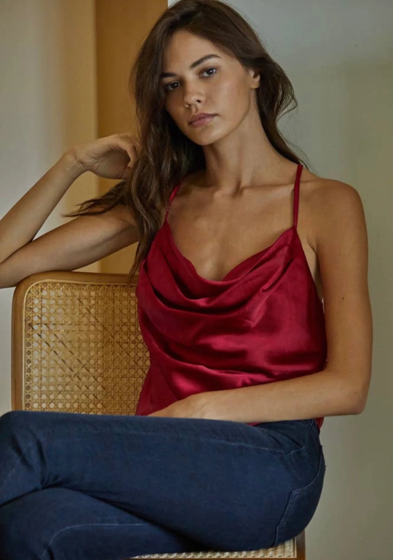 By Together Red Cowl Neck Satin Blouse